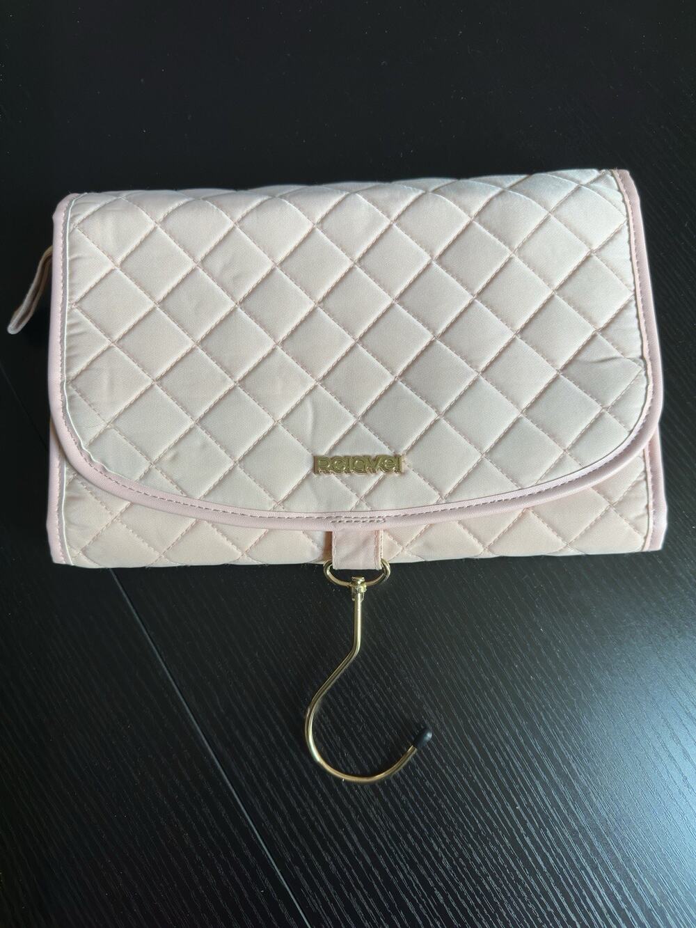 Believe Pink Quilted Hanging Travel Makeup Bag Organizer w/ Hook, Pockets